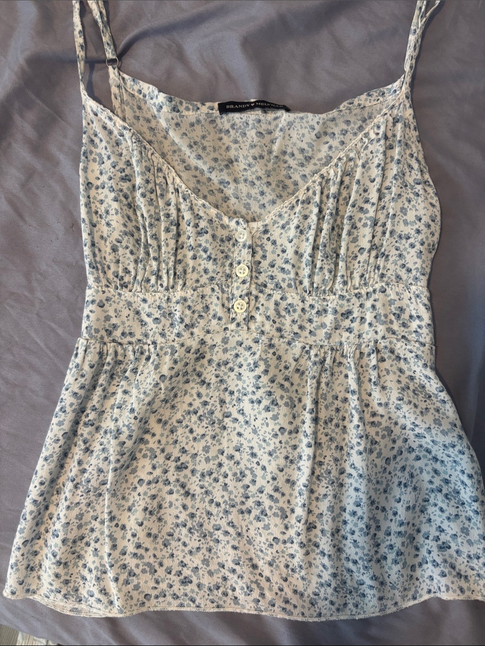 Brandy Melville Cream and Blue Floral Spaghetti-Strap Mini Dress